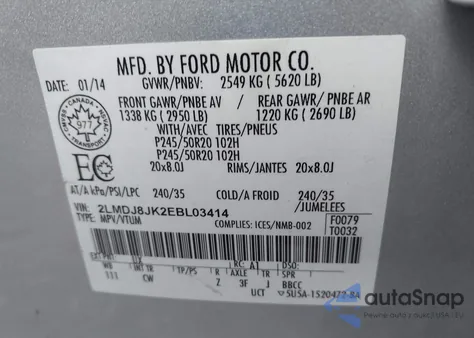 2014 Lincoln Mkx z USA, uszkodzony, nr VIN 2LMDJ8JK2EBL03414